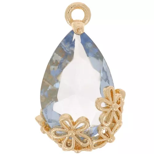 16x9mm Faceted glass drop pendant with flowers - Gold - Light blue x1