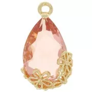 16x9mm Faceted glass drop pendant with flowers - Gold - Salmon Pink x1