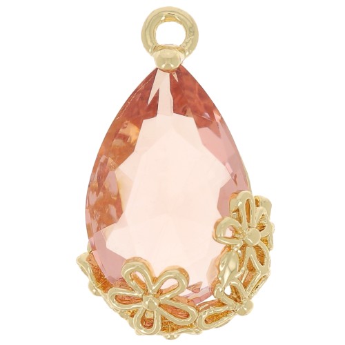 16x9mm Faceted glass drop pendant with flowers - Gold - Salmon Pink x1