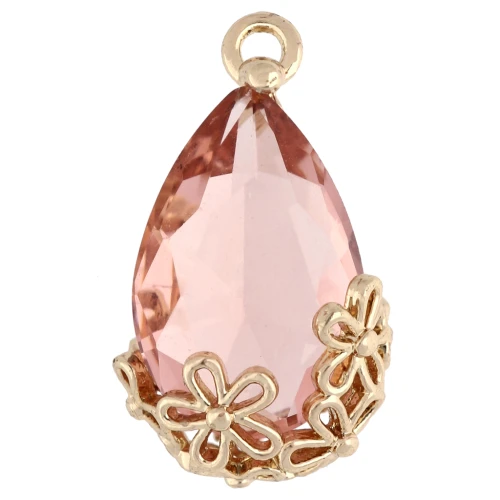 16x9mm Faceted glass drop pendant with flowers - Gold - Salmon Pink x1