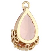 16x9mm Faceted glass drop pendant with flowers - Gold - Salmon Pink x1