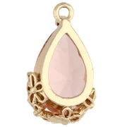 16x9mm Faceted glass drop pendant with flowers - Gold - Salmon Pink x1