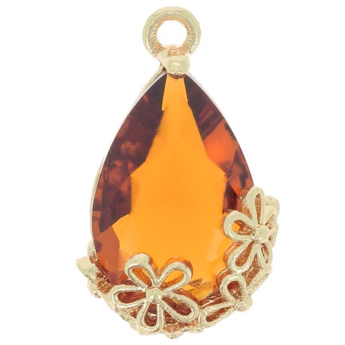 16x9mm Faceted glass drop pendant with flowers - Gold - Cognac x1