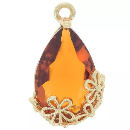 16x9mm Faceted glass drop pendant with flowers - Gold - Cognac x1