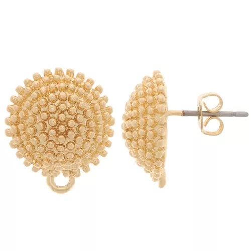 14mm Textured half-ball earstuds with closed hoop - Gold Tone x2