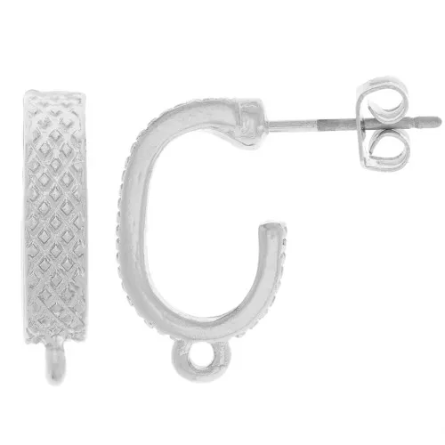 17x4mm Textured designer earstuds with closed hoop - Silver Tone x2
