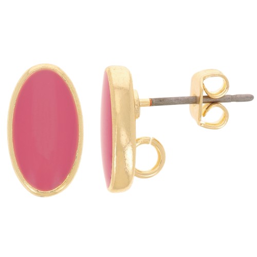 12x7mm Oval earstuds with epoxy resin - Gold - Deep Pink x2