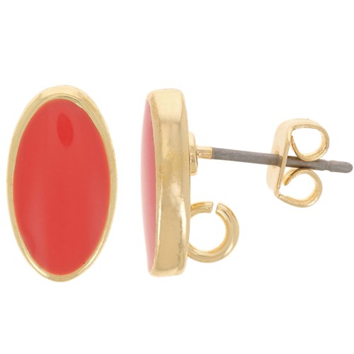 12x7mm Oval earstuds with epoxy resin - Gold - Light red x2