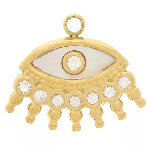 13x15mm 304L st. steel mother-of-pearl and zirconium oxides eye charm - gold x1