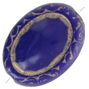 17x13mm Flat engraved oval beads vintage style - Royal Blue - Gold x5