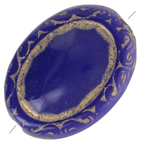 17x13mm Flat engraved oval beads vintage style - Royal Blue - Gold x5