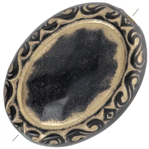 17x13mm Flat engraved oval beads vintage style - Black - Gold x5