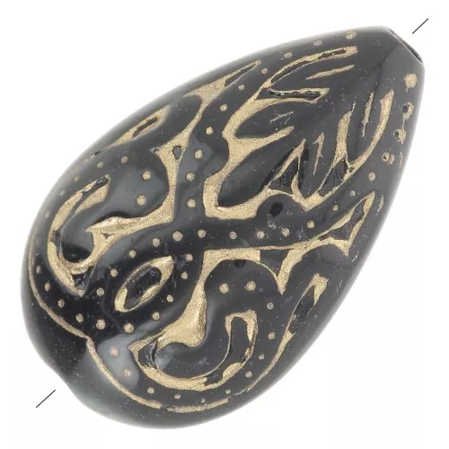18x11mm Flat engraved oval drops vintage style - Black - Gold x5