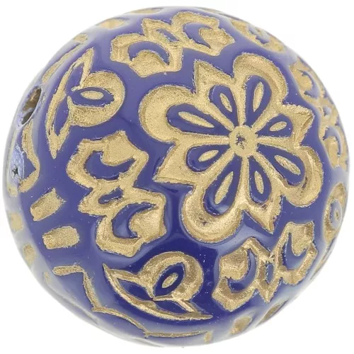 14mm Round engraved beads vintage effect - Royal blue - Gold x5