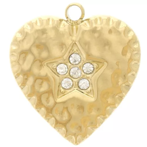 19.5x18mm 304L stainless steel hammered heart and zirconium oxides pendant x1