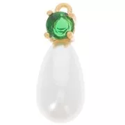 18x7mm imitation freshwater pearl and CZ drop pendant - Gold Tone - Emerald x1