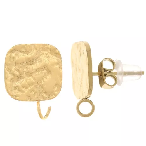 Hammered Square Stud Earrings 14x10 mm - Stainless Steel 316L Gold x2