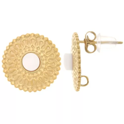 14mm 304L st. steel Round textured earstuds - mother-of-pearl cabochon - Gold x2