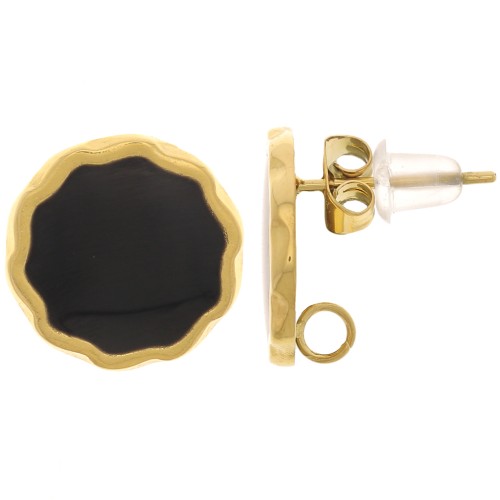 13mm 304L stainless steel round earstuds & epoxy resin - Gold - Black x2