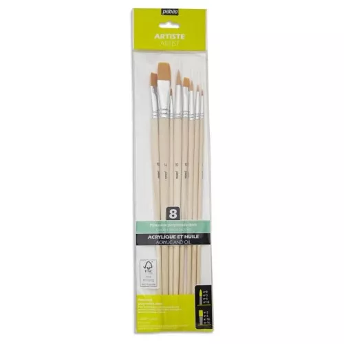 Set of 8 Pébéo polyamide round and flat brushes - long handle x1