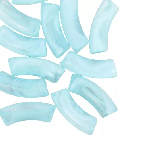 Curved tube beads 35x11 mm in transparent acrylic Marbled Turquoise - White x6