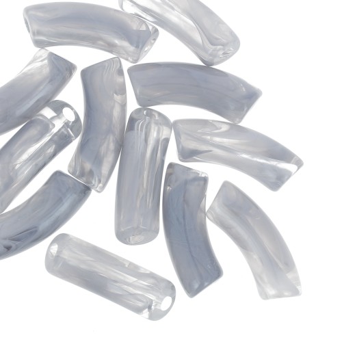 Curved tube beads 35x11 mm in transparent acrylic - Marbled Grey x6