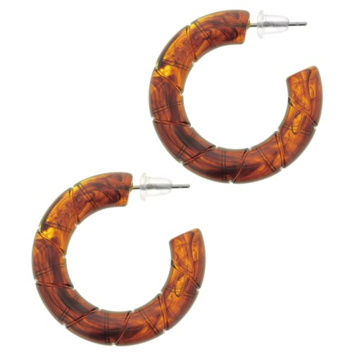 Twisted hoop earrings 31 mm in translucent resin - Marbled amber x2