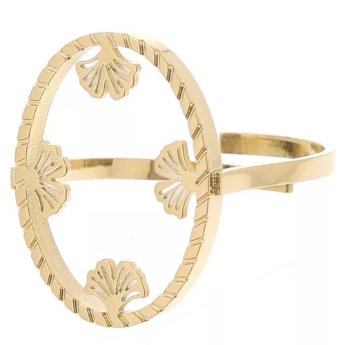 Adjustable oval ring - ginkgo motif - flat cabochon 18x13 mm 304 stainless steel, gold-plated