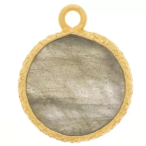 10mm Flat round gemstone charm & textured setting - Fine Gold - Labradorite x1
