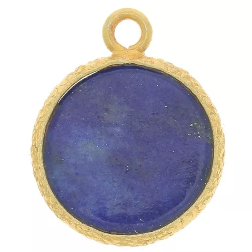 10mm Flat round gemstone charm & textured setting - Fine Gold - Lapis Lazuli x1