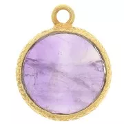 10mm Flat round gemstone charm & textured setting - Fine Gold - Amethyst x1