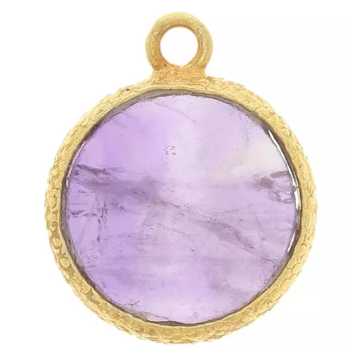 10mm Flat round gemstone charm & textured setting - Fine Gold - Amethyst x1