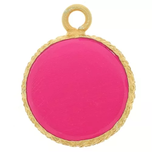 10mm Flat round gemstone charm & textured setting - Fine Gold - Pink Chalcedony x1