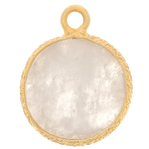 10mm Flat round gemstone charm & textured setting - Fine gold - Moonstone x1
