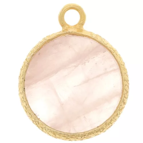 10mm Flat round gemstone charm & textured setting - Fine gold - Rose Quartz x1