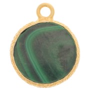 10mm Flat round gemstone charm & textured setting - Fine Gold - Malachite x1