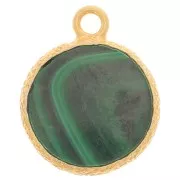 10mm Flat round gemstone charm & textured setting - Fine Gold - Malachite x1
