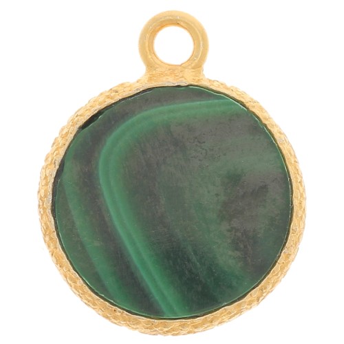 10mm Flat round gemstone charm & textured setting - Fine Gold - Malachite x1