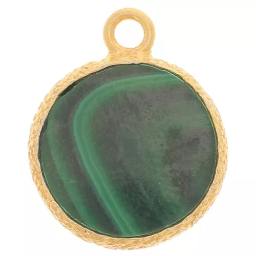 10mm Flat round gemstone charm & textured setting - Fine Gold - Malachite x1