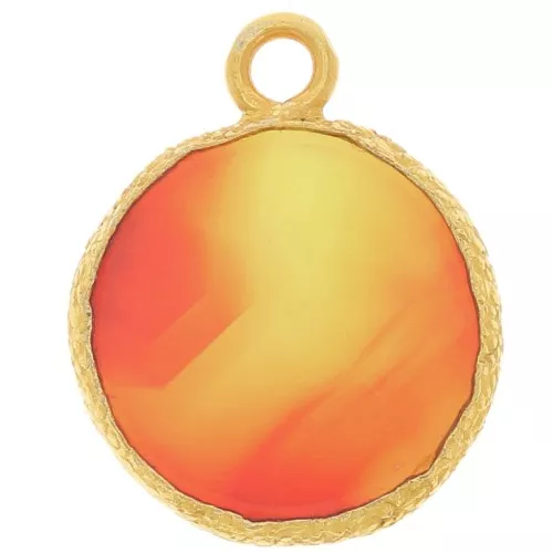 10mm Flat round gemstone charm & textured setting - Imit Carnelian- Fine gold x1