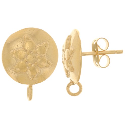 13mm Flower pattern round earstuds - open ring - Fine Gold-plated x2