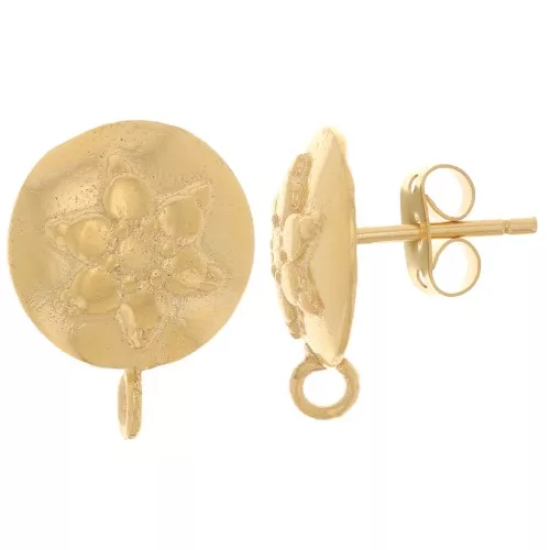 13mm Flower pattern round earstuds - open ring - Fine Gold-plated x2