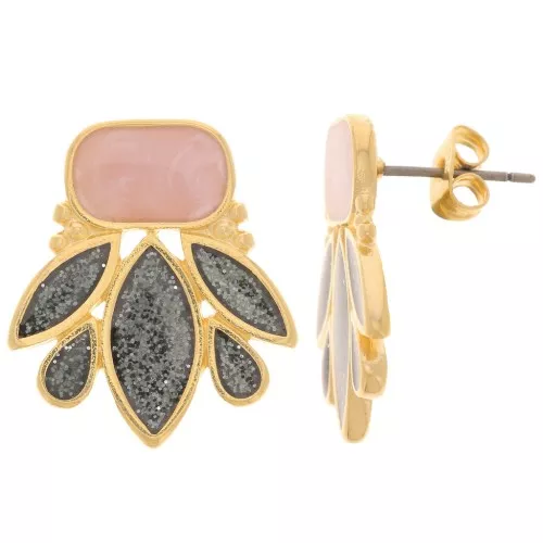 22x20mm Design earstuds Fine Gold-plated - Black glitter - Nude pearl x2