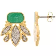 22x20mm Design earstuds Fine Gold-plated - Silver-plated glitter - Green pearl x2