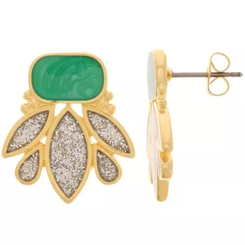 22x20mm Design earstuds Fine Gold-plated - Silver-plated glitter - Green pearl x2