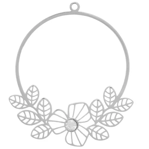 23mm 316L stainless steel round pendant with openwork flowers & zirconium oxide x1