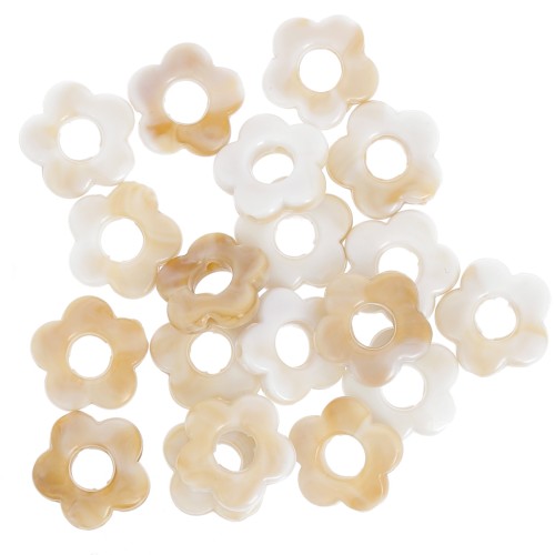 Opaque acrylic flower beads 14 mm - Marbled White - Brown x4