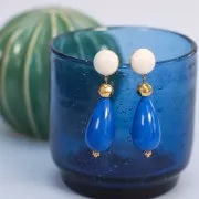 30x16mm opaque resin Pear bead - Royal blue marbled x1