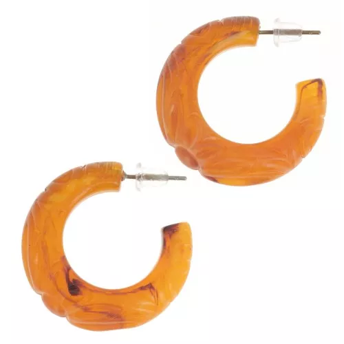 30mm Wide resin hoop earrings - engraved flower - Apricot Marble x2