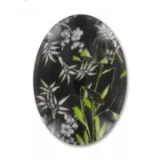 Oval  Cabochon 25x18mm Black Flowers x1